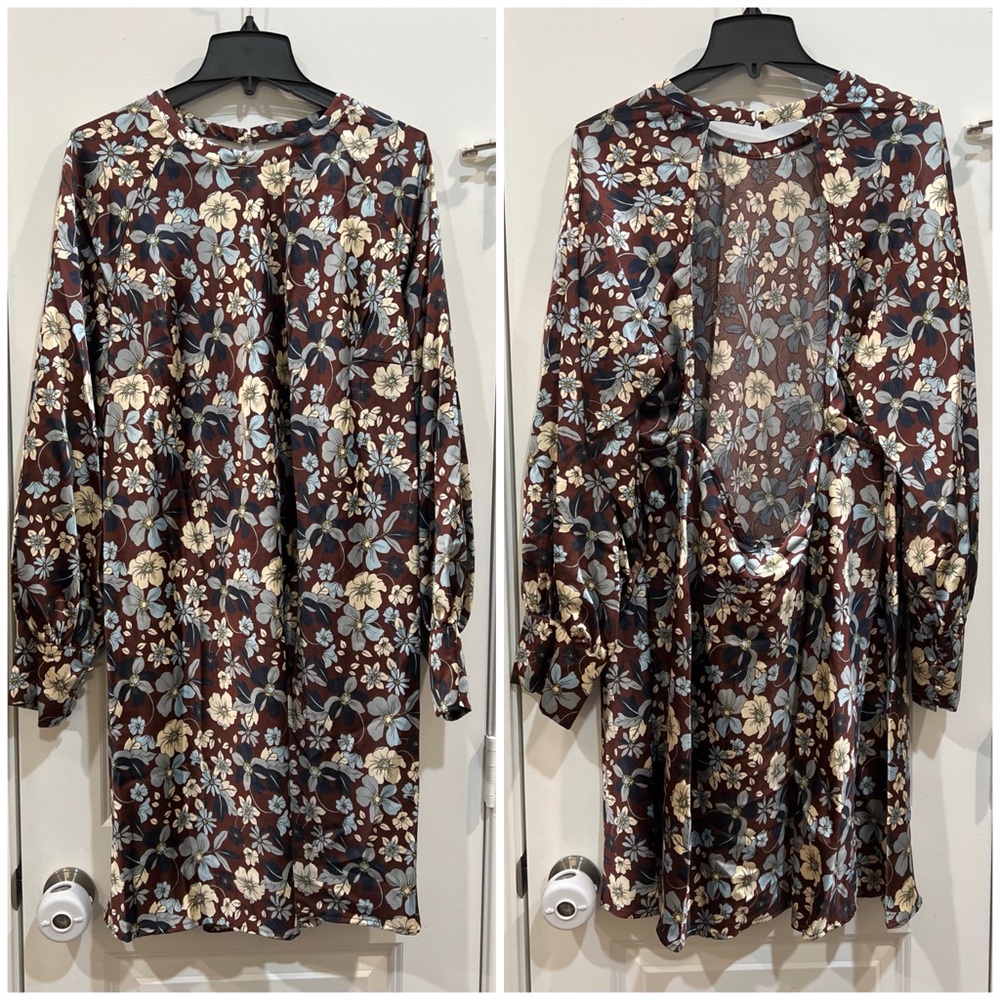 NWT! Future Collective x Reese Blutstein brown/blue floral open back mini dress - Picture 3 of 8